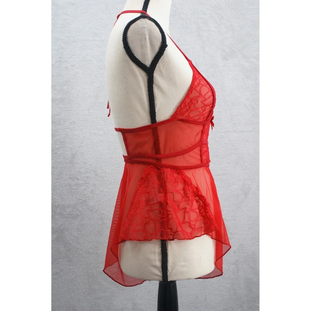 Mapale Red Lace Heart Babydoll Romper Halter Lingerie 7445 L/XL New